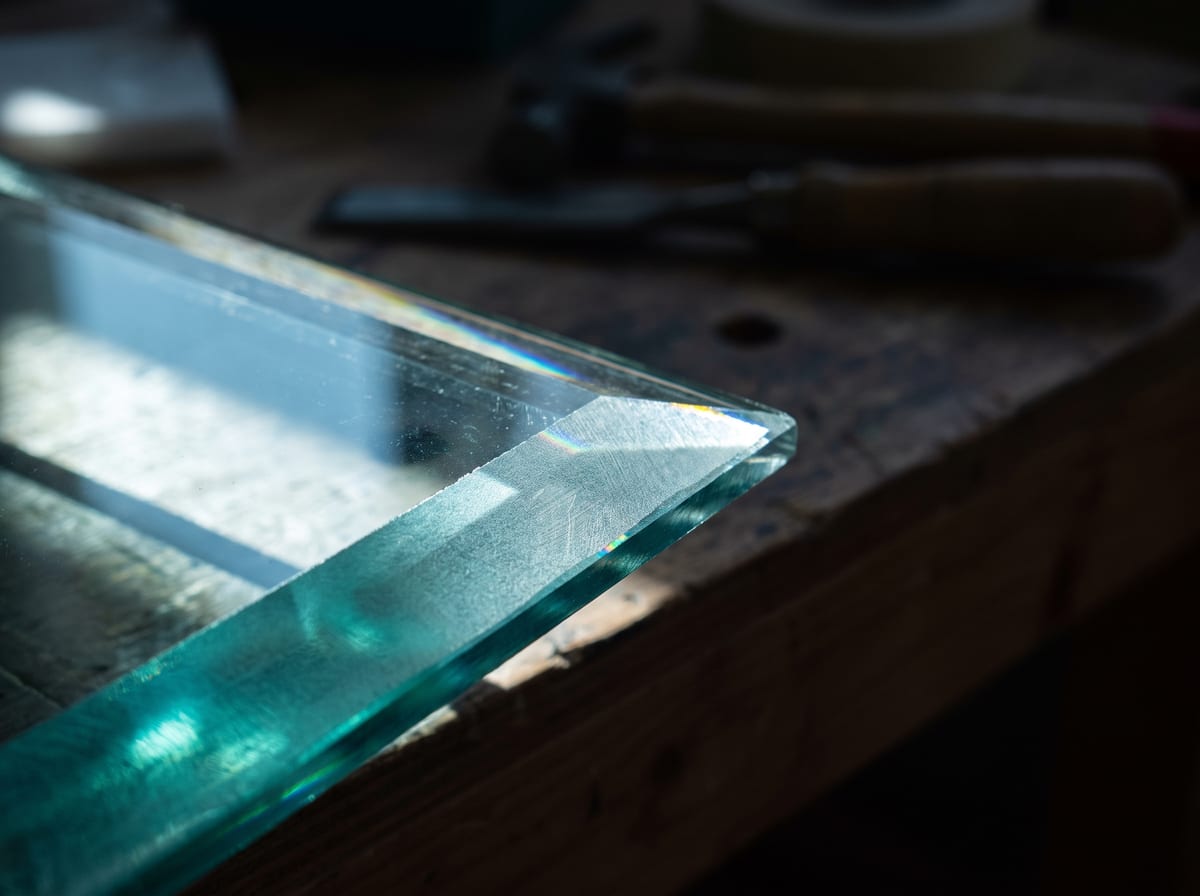 Angeschliffene Kante einer Glasscheibe auf der Werkbank, das Glas schimmert grün