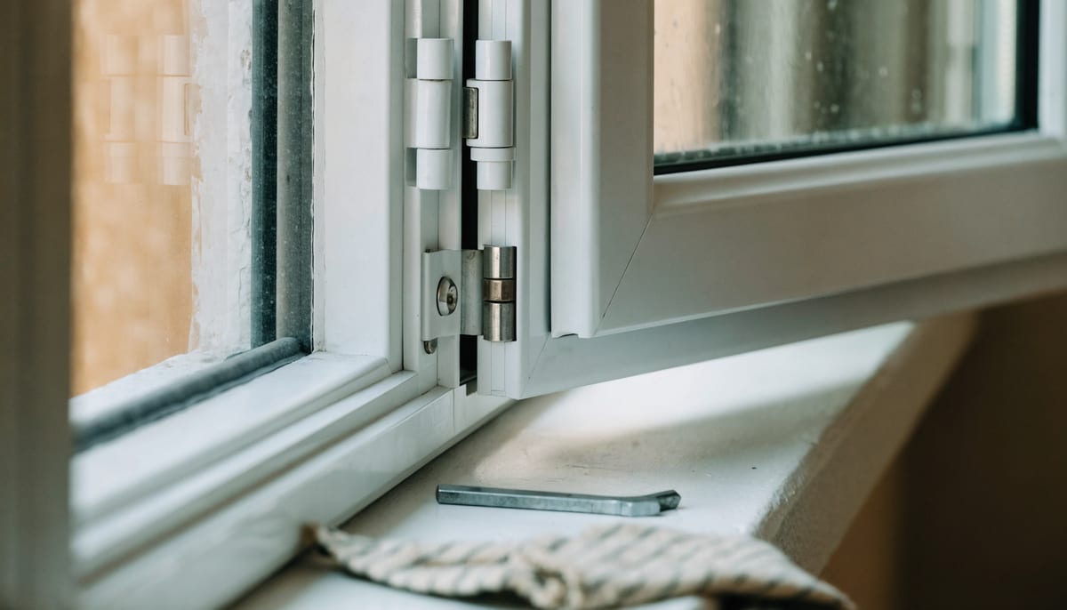 Geöffnetes Fenster von innen, Scharnier und Beschlag im Rahmen aus der Nähe