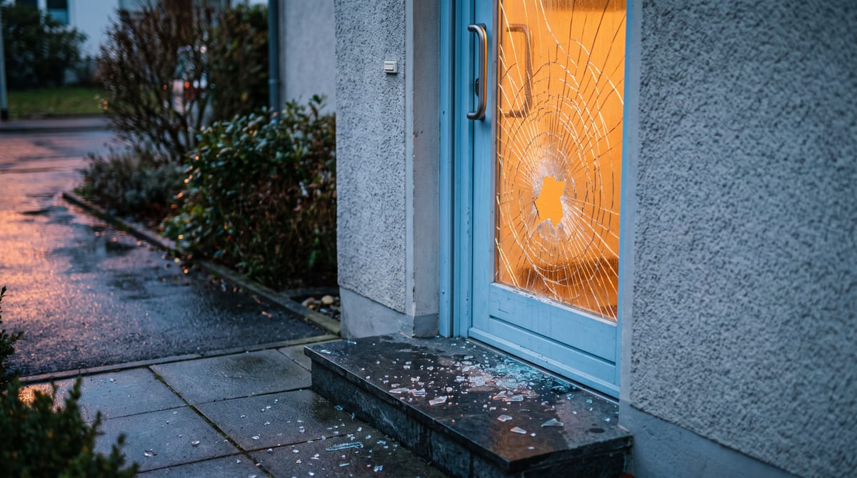 Fenster mit gebrochener Scheibe, von innen provisorisch mit einer Holzplatte gesichert