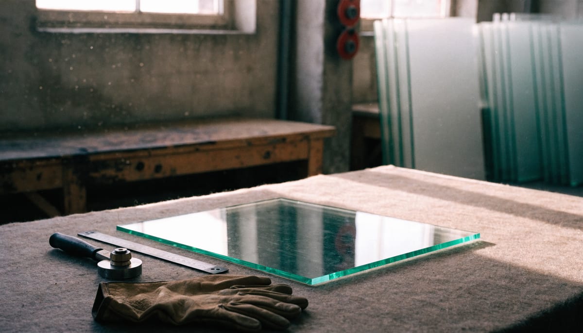 Zuschnitttisch in der Werkstatt: eine Glasscheibe, Glasschneider, Maßstab und Arbeitshandschuhe im Morgenlicht